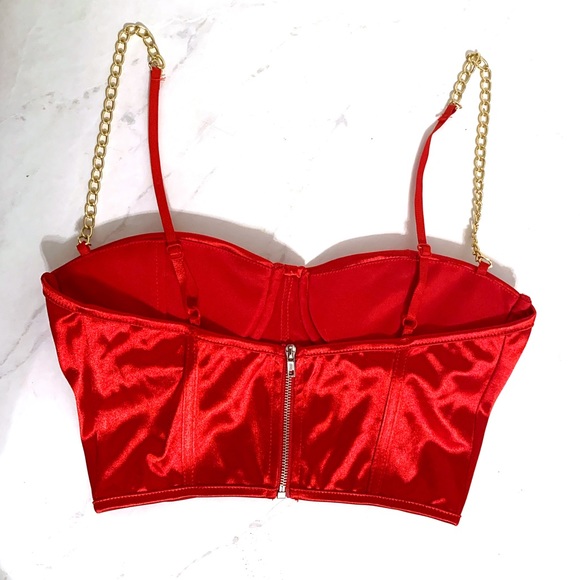 NEW Satin Red Bustier Chain Strap Crop Top - Picture 3 of 5